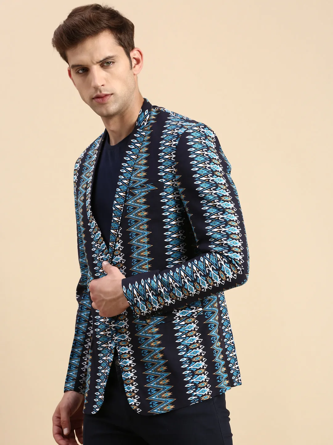 Men Navy Blue Printed Slim-Fit Single Breasted Blazer