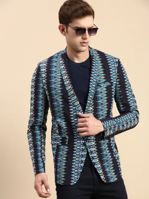 Men Navy Blue Printed Slim-Fit Single Breasted Blazer