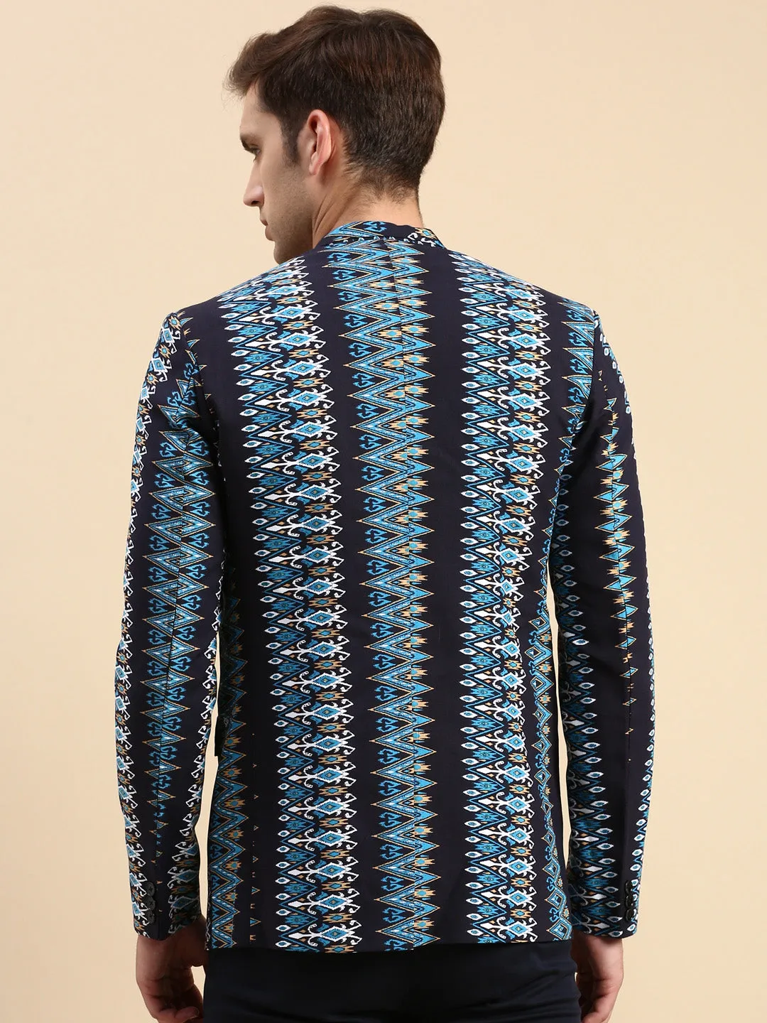 Men Navy Blue Printed Slim-Fit Single Breasted Blazer
