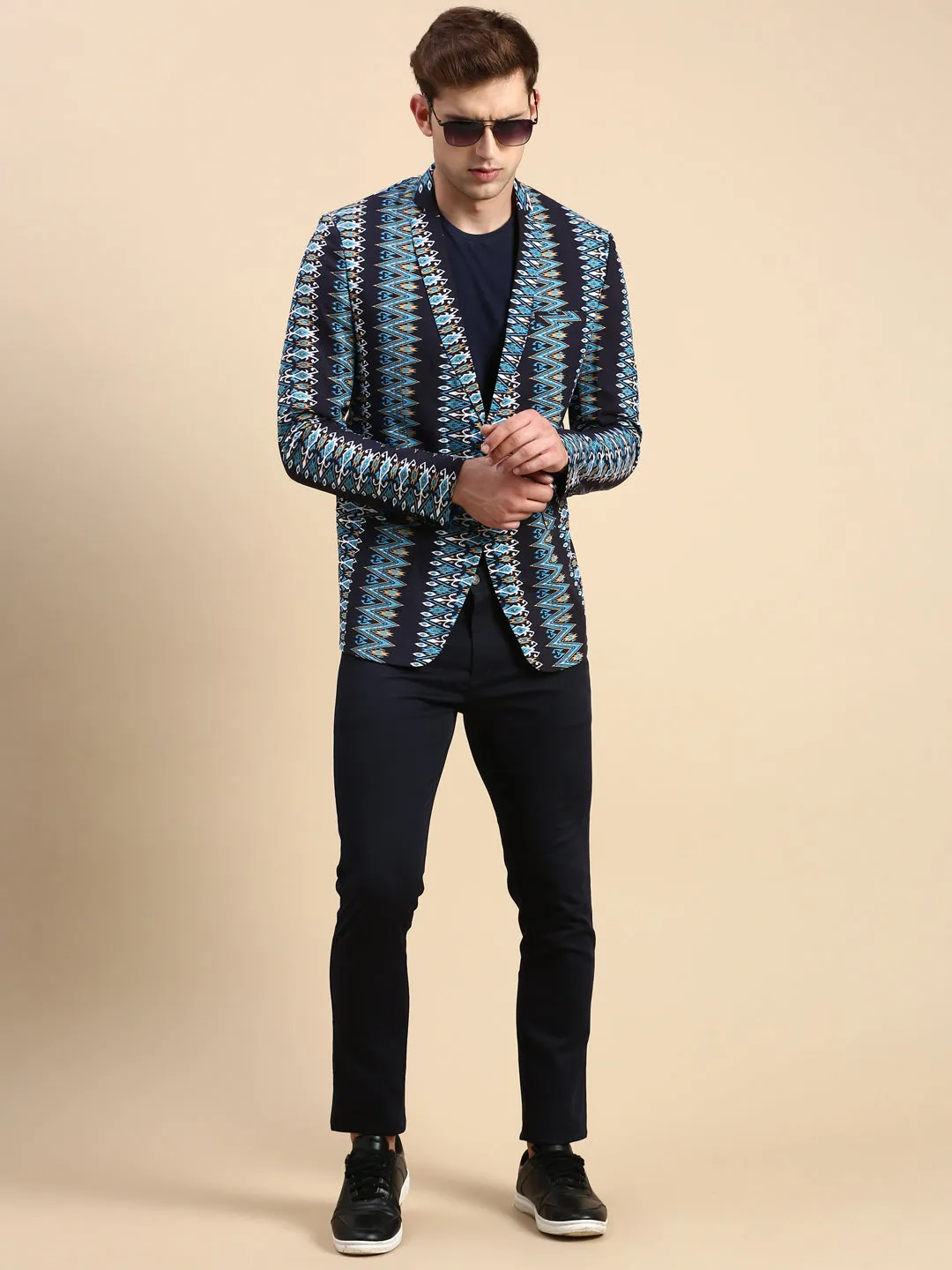 Men Navy Blue Printed Slim-Fit Single Breasted Blazer