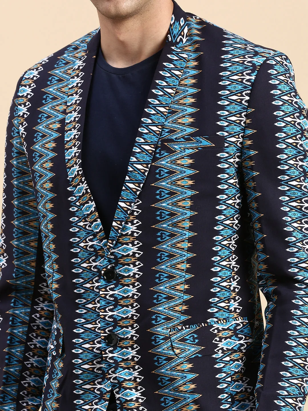 Men Navy Blue Printed Slim-Fit Single Breasted Blazer