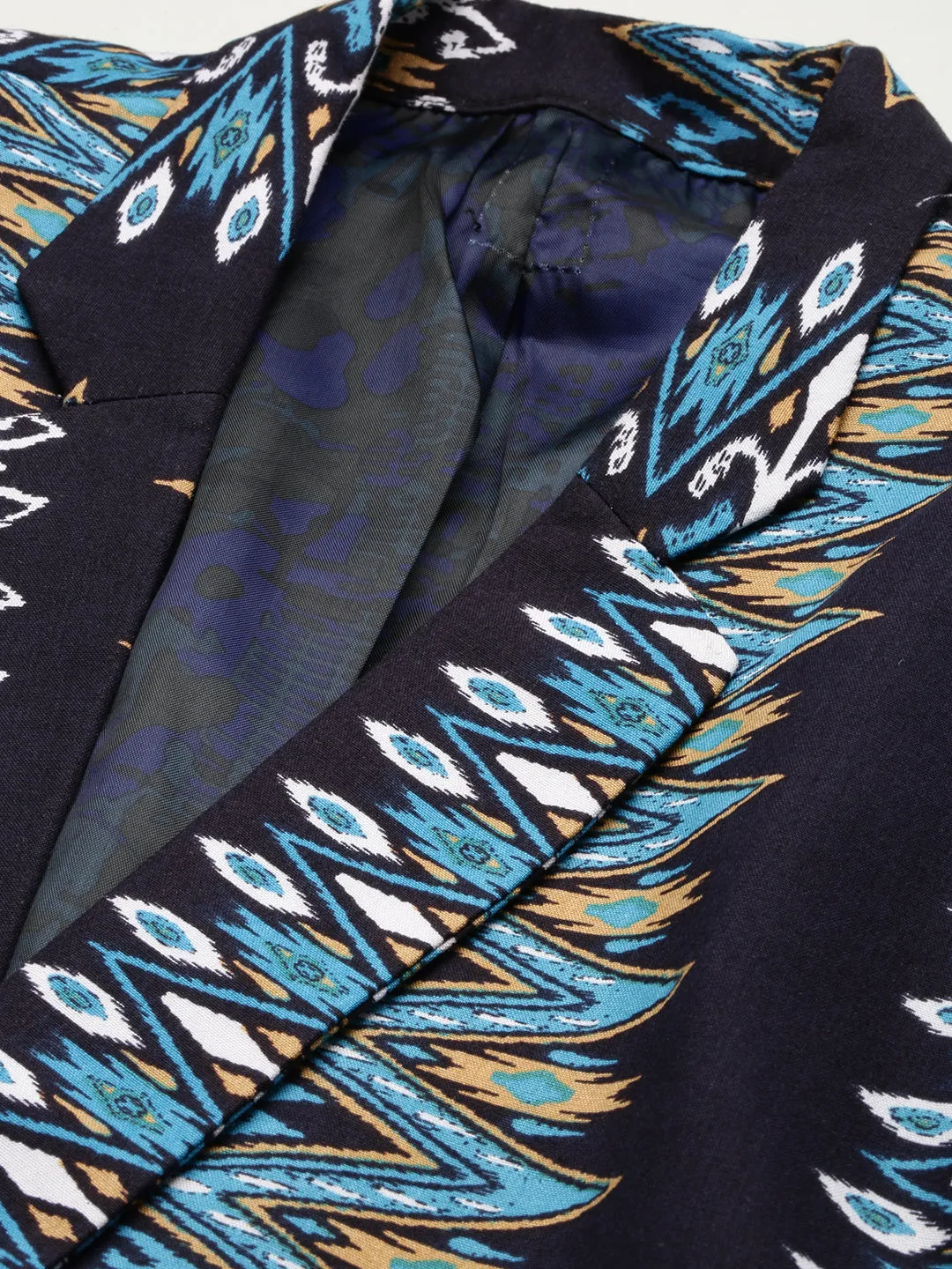 Men Navy Blue Printed Slim-Fit Single Breasted Blazer