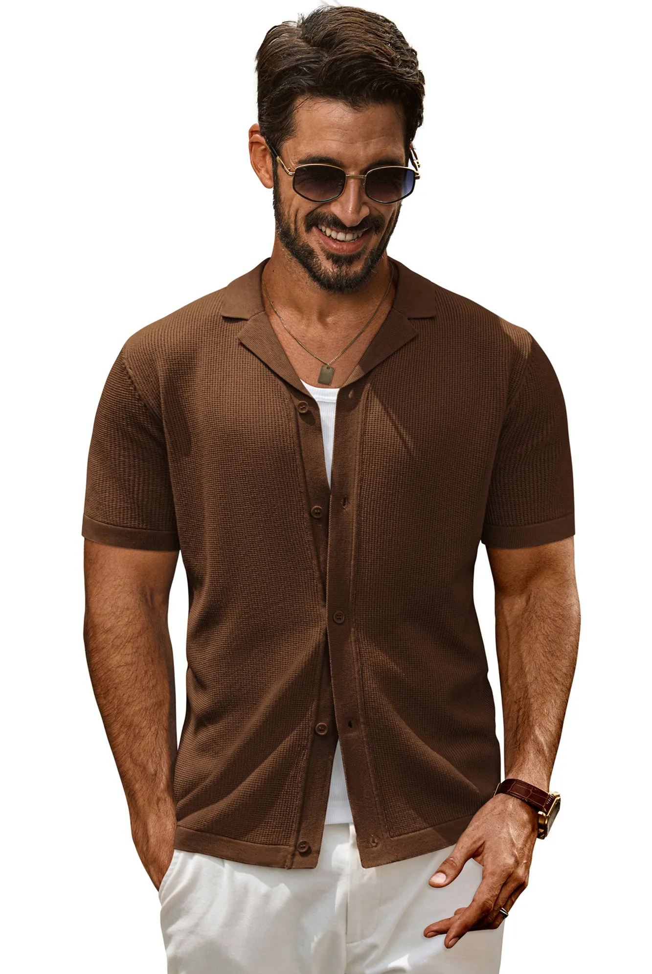 Men Textured Lapel Collar Cardigan Short Sleeve V-Neck Button-up Knitwear