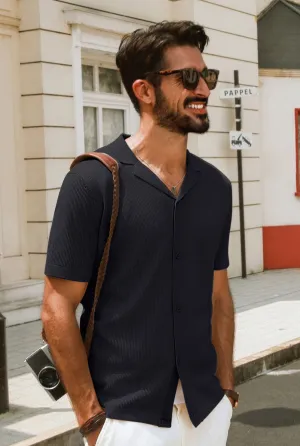 Men Textured Lapel Collar Cardigan Short Sleeve V-Neck Button-up Knitwear
