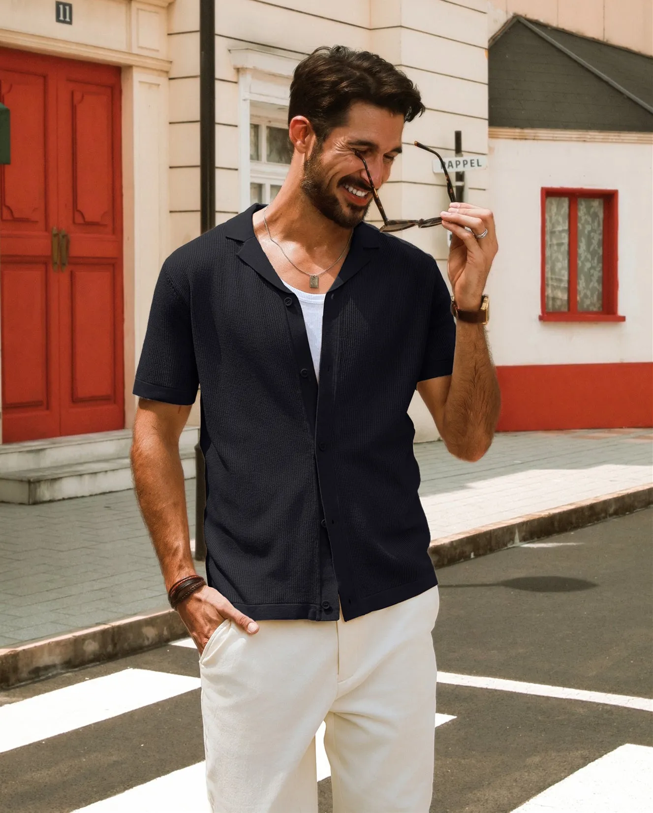 Men Textured Lapel Collar Cardigan Short Sleeve V-Neck Button-up Knitwear