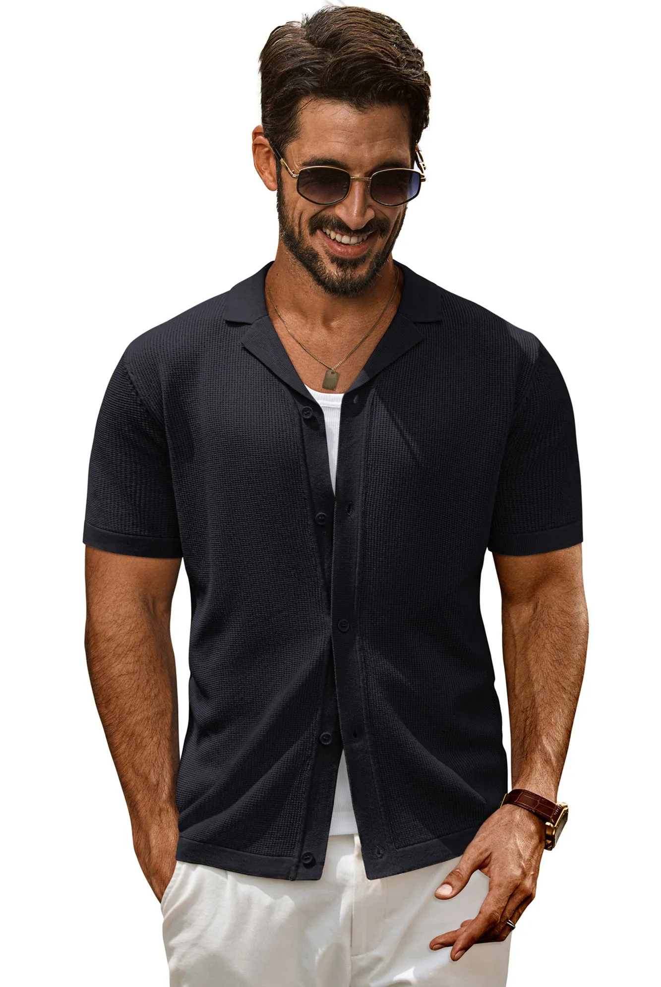 Men Textured Lapel Collar Cardigan Short Sleeve V-Neck Button-up Knitwear