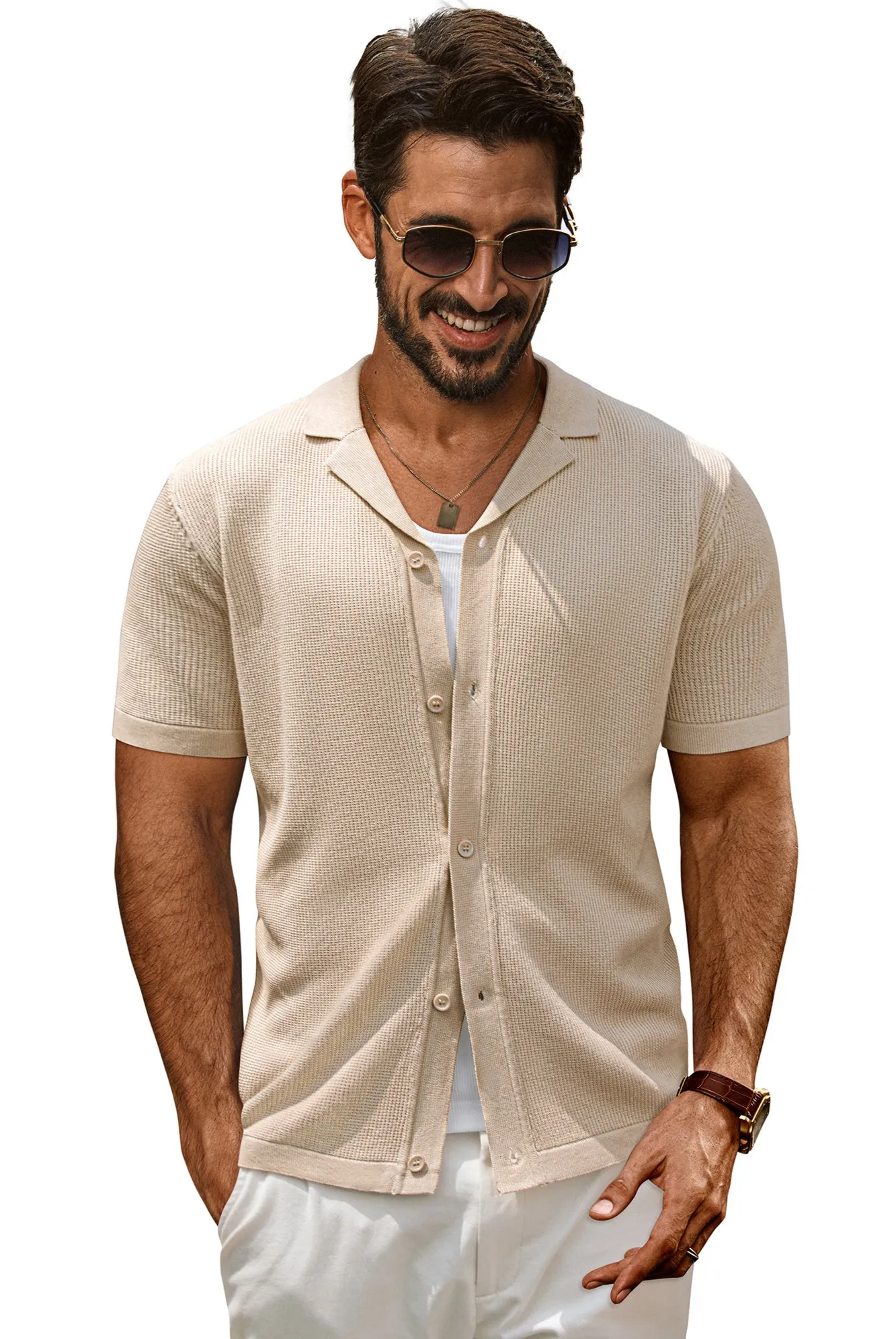 Men Textured Lapel Collar Cardigan Short Sleeve V-Neck Button-up Knitwear