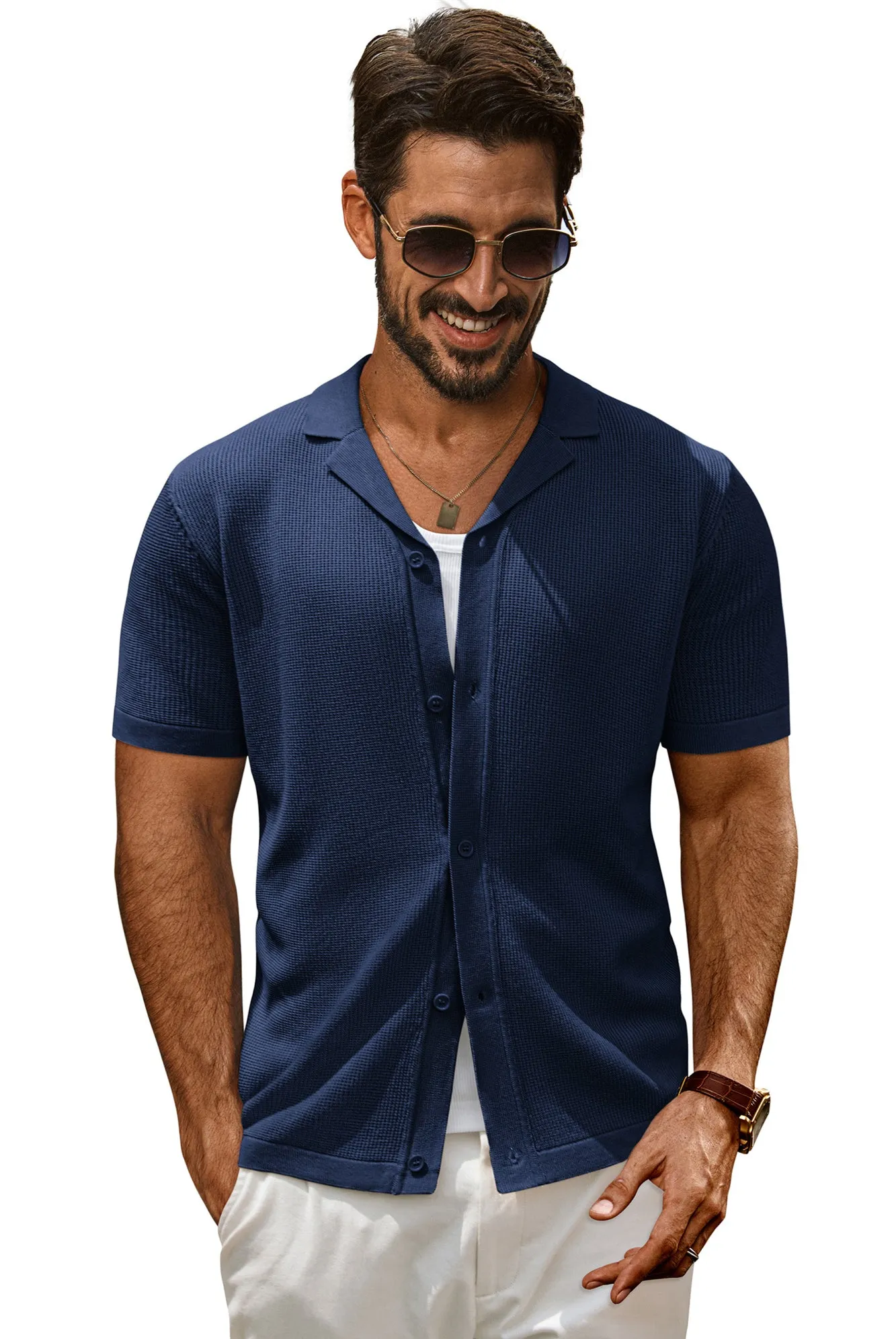 Men Textured Lapel Collar Cardigan Short Sleeve V-Neck Button-up Knitwear