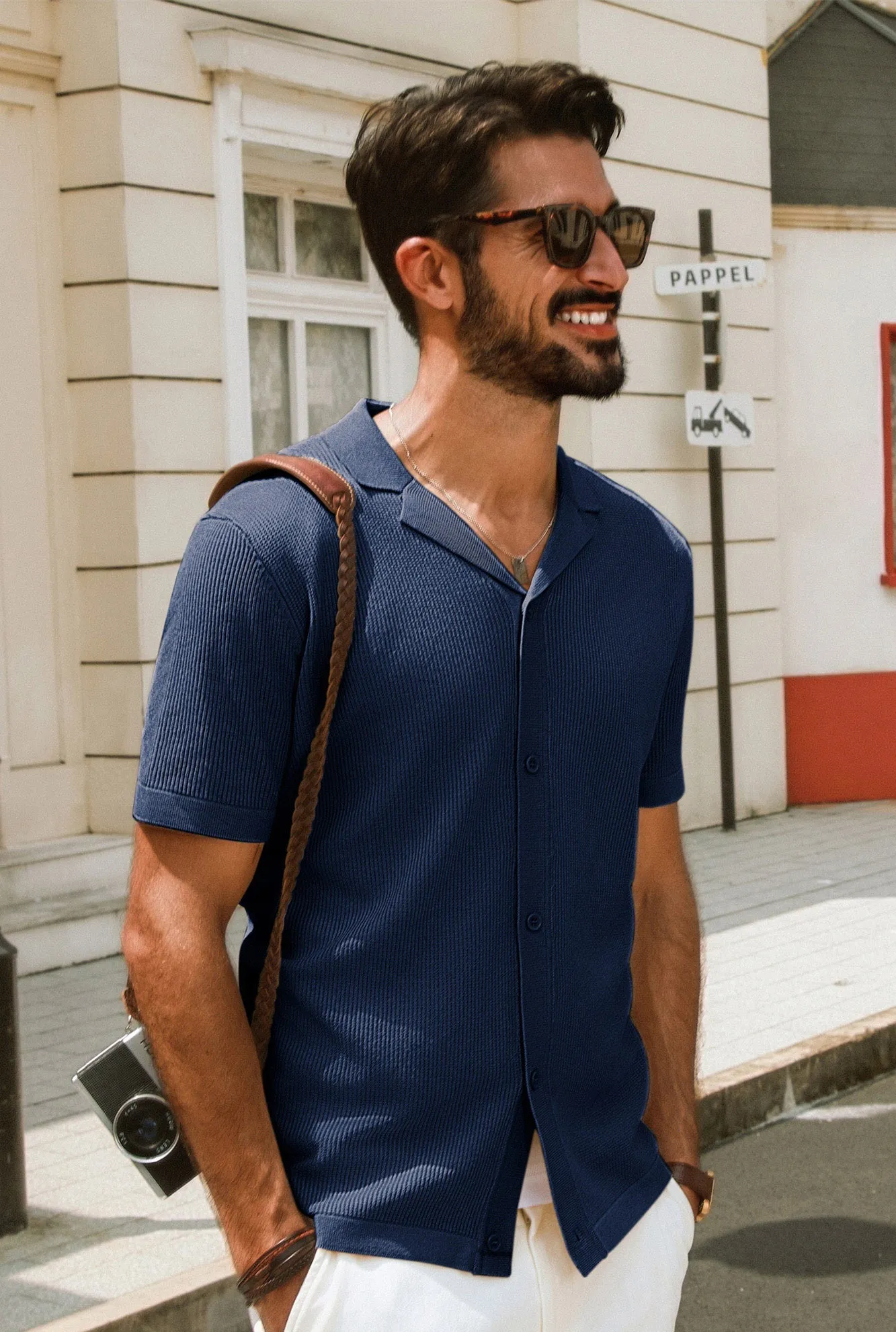 Men Textured Lapel Collar Cardigan Short Sleeve V-Neck Button-up Knitwear