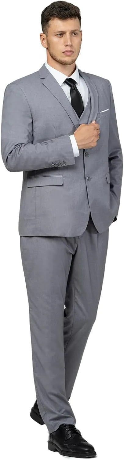 Men's Suit 3 Piece Slim Fit Suit Set, Two Button Solid Jacket Vest Pants with Tie, Men Tuxedo Suit Set