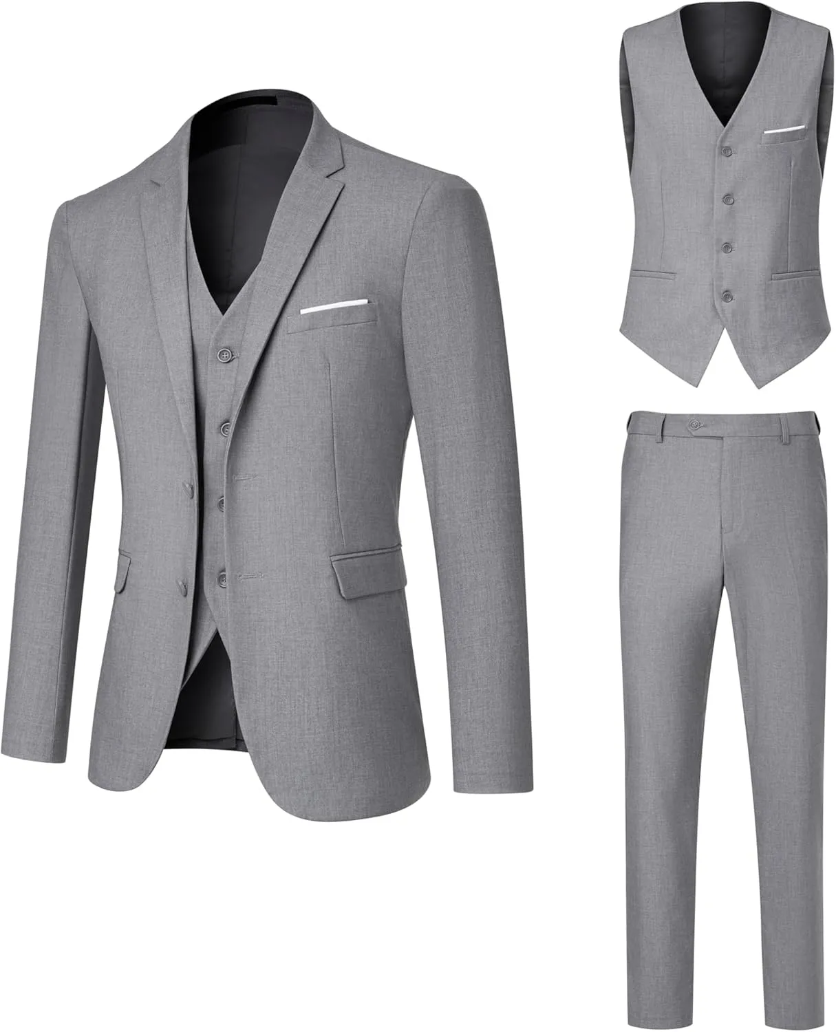 Men's Suit 3 Piece Slim Fit Suit Set, Two Button Solid Jacket Vest Pants with Tie, Men Tuxedo Suit Set
