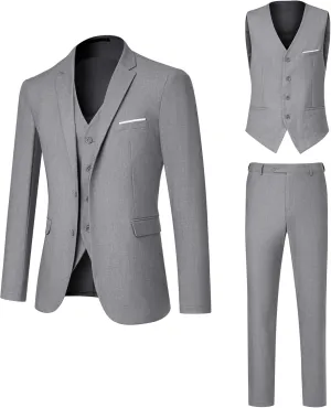 Men's Suit 3 Piece Slim Fit Suit Set, Two Button Solid Jacket Vest Pants with Tie, Men Tuxedo Suit Set