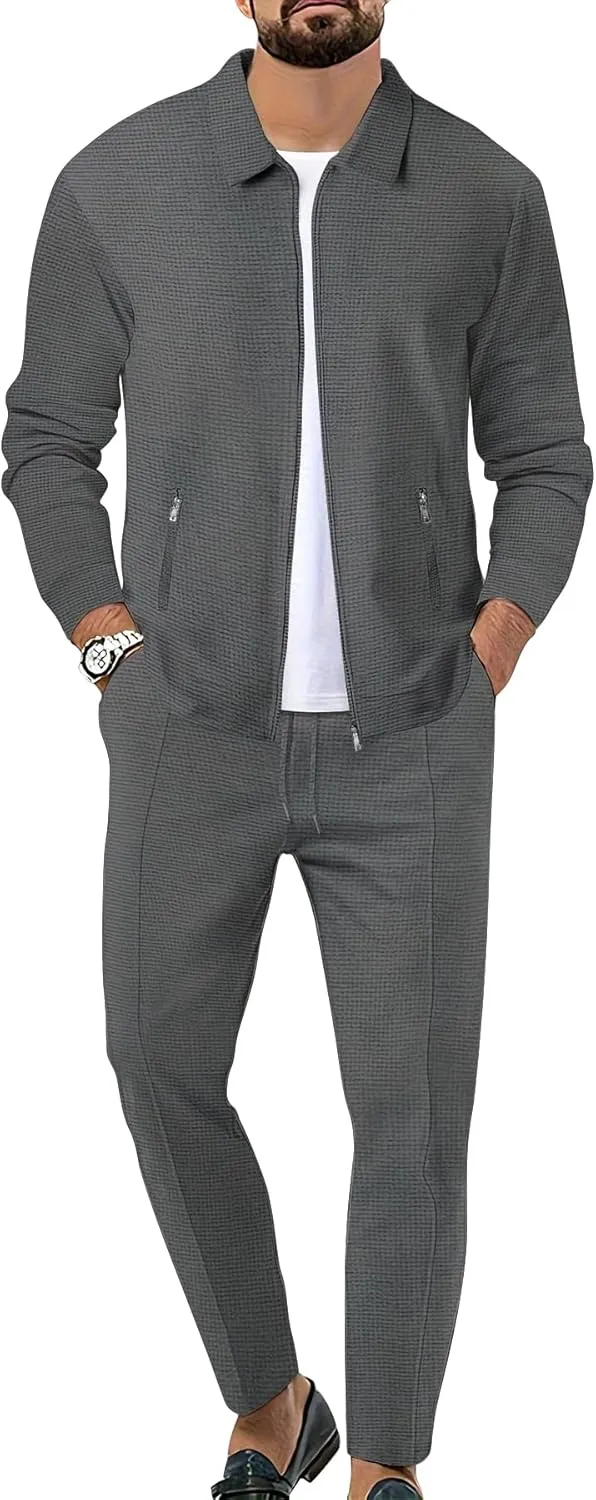 Men's Waffle Tracksuit 2 Pieces Set Casual Long Sleeve Zip Up Sweatsuits Solid Athletic Jogging Suit Sets