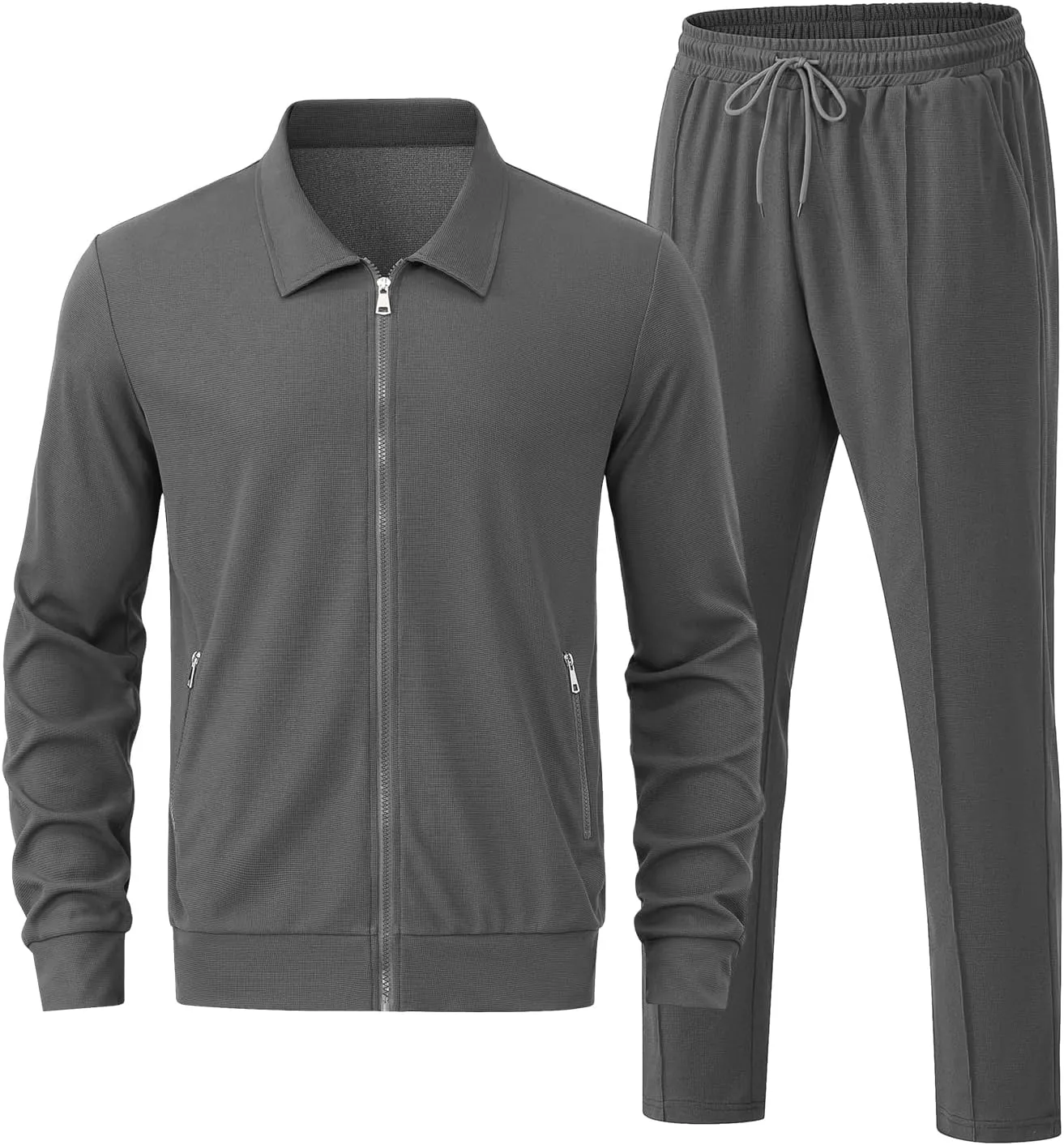 Men's Waffle Tracksuit 2 Pieces Set Casual Long Sleeve Zip Up Sweatsuits Solid Athletic Jogging Suit Sets