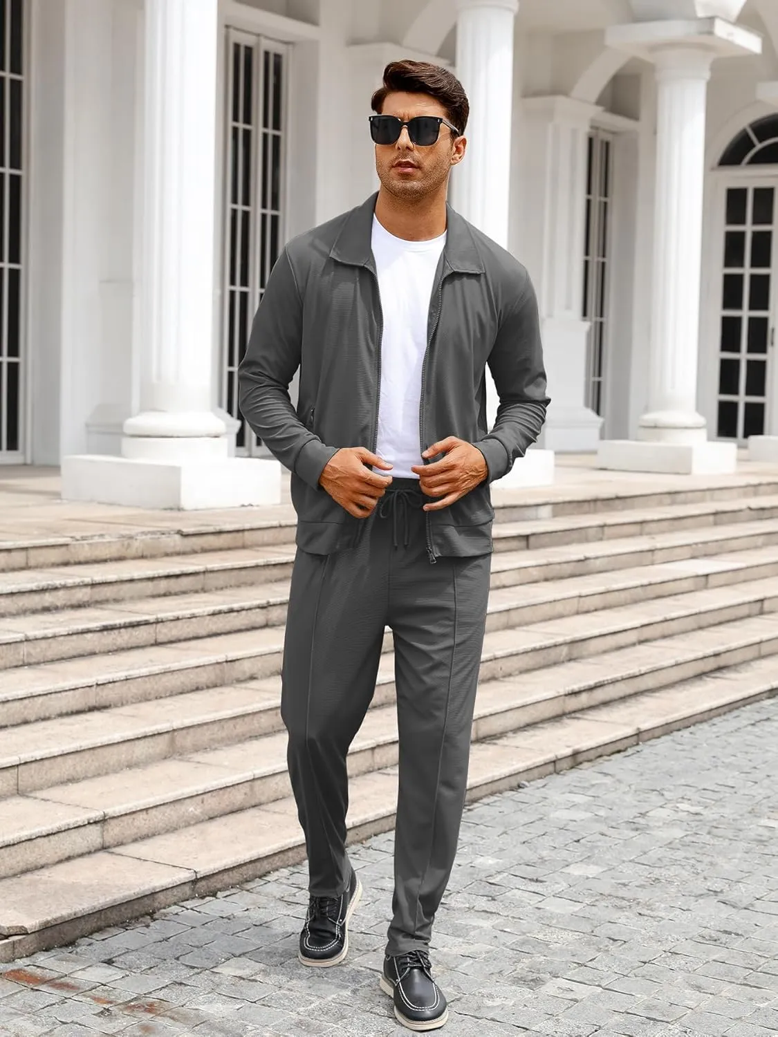 Men's Waffle Tracksuit 2 Pieces Set Casual Long Sleeve Zip Up Sweatsuits Solid Athletic Jogging Suit Sets