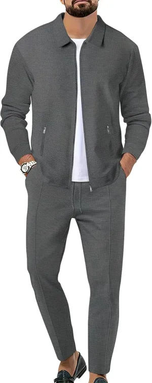Men's Waffle Tracksuit 2 Pieces Set Casual Long Sleeve Zip Up Sweatsuits Solid Athletic Jogging Suit Sets