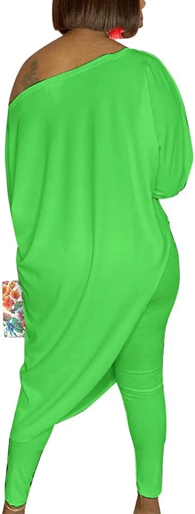 MESLIMA Women's Casual Loose Solid Off Shoulder Irregular Hem Top Elastic Waist Skinny Stretchy Long Pant Jumpsuit