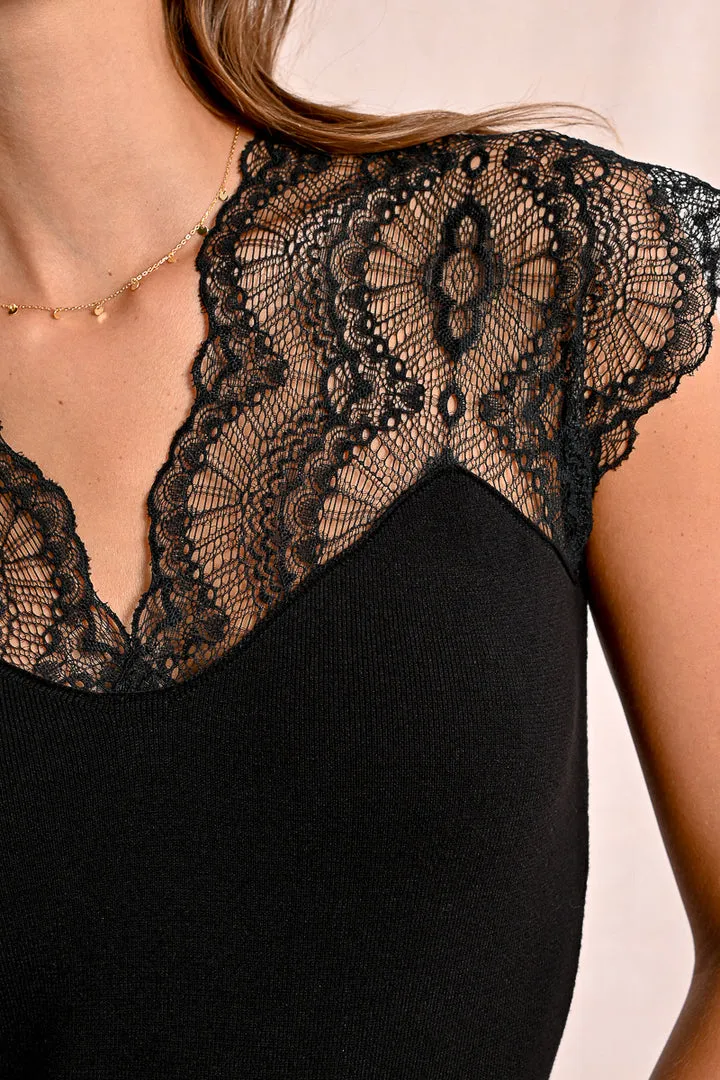Molly Bracken  Black Knitted Lace Short Sleeved Top