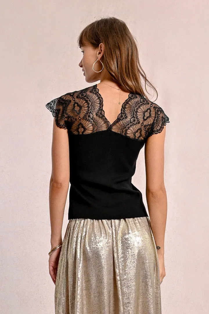 Molly Bracken  Black Knitted Lace Short Sleeved Top