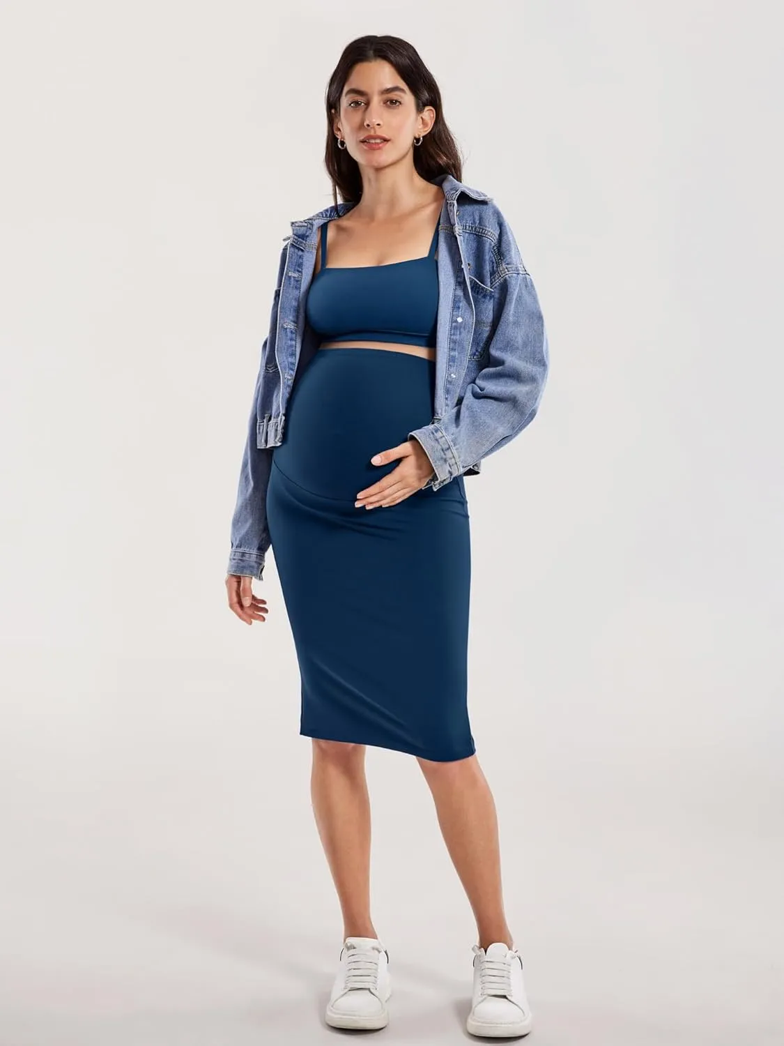 MOMANDA Women' s Maternity Skirt High Waist Midi Pencil Skirt with Slit Stretchy Pregnancy Casual