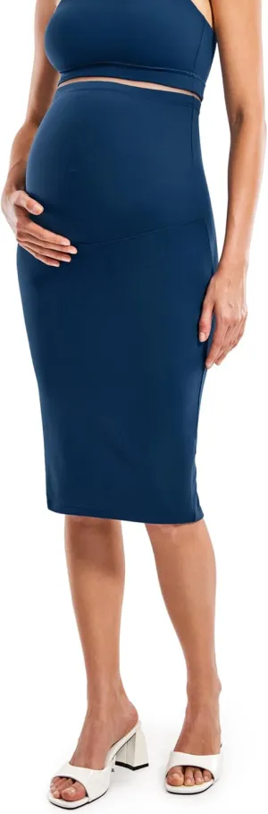 MOMANDA Women' s Maternity Skirt High Waist Midi Pencil Skirt with Slit Stretchy Pregnancy Casual