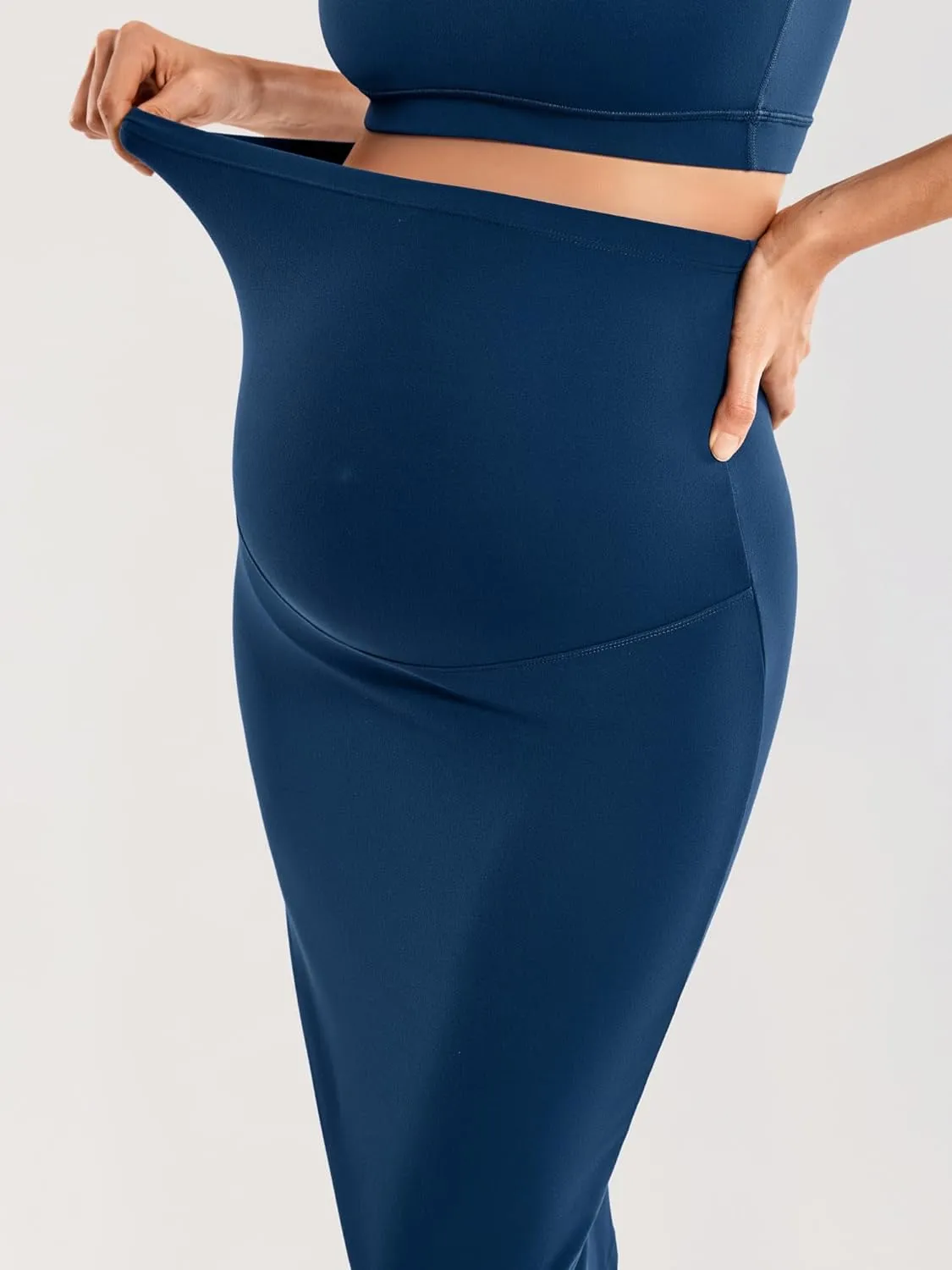 MOMANDA Women' s Maternity Skirt High Waist Midi Pencil Skirt with Slit Stretchy Pregnancy Casual