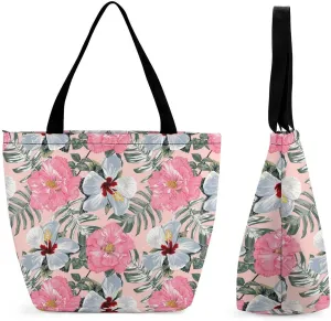 Monstera Green Leaf Frangipani Flowers Hobo Handbags With Zipper Women's Tote Handbags
