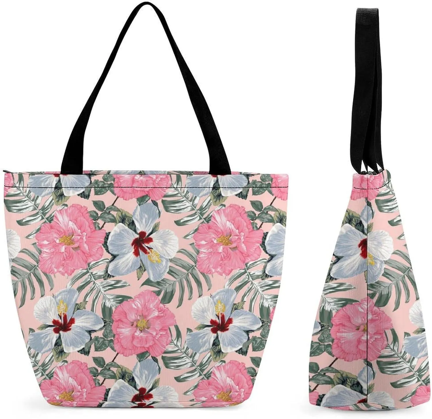 Monstera Green Leaf Frangipani Flowers Hobo Handbags With Zipper Women's Tote Handbags