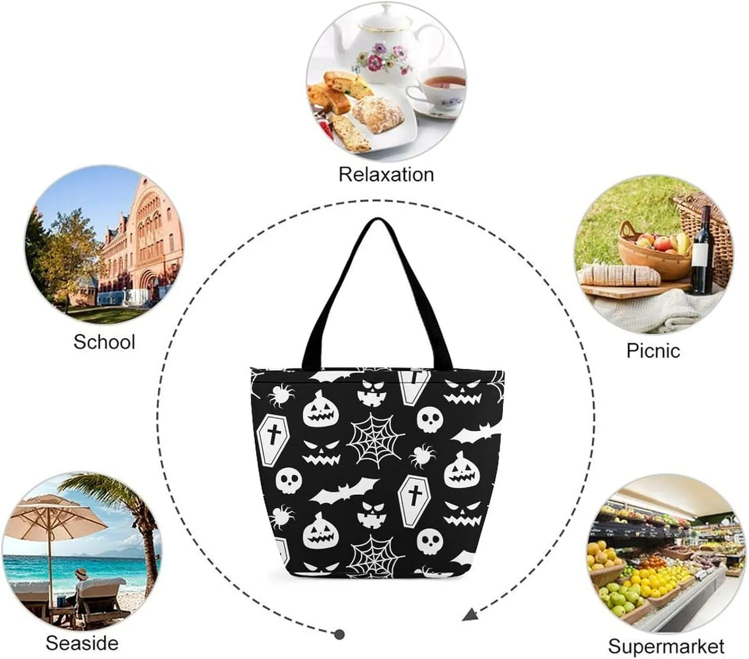 Multicolored Bright Faces Halloweens Hobo Handbags With Zipper Women's Tote Handbags
