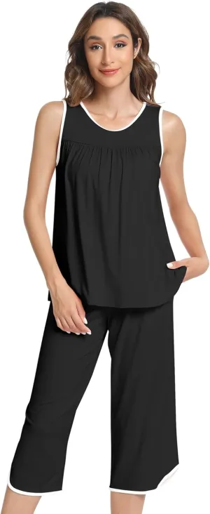 NACHILA Women's Pajamas-Viscose Made from Bamboo, Tank Top Capri Pants Pajama Set Soft Sleeveless Sleepwear Cool Pjs Sets