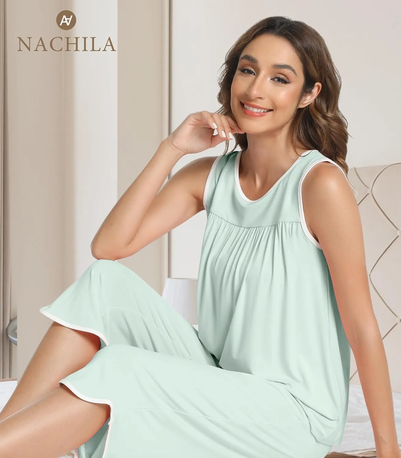 NACHILA Women's Pajamas-Viscose Made from Bamboo, Tank Top Capri Pants Pajama Set Soft Sleeveless Sleepwear Cool Pjs Sets