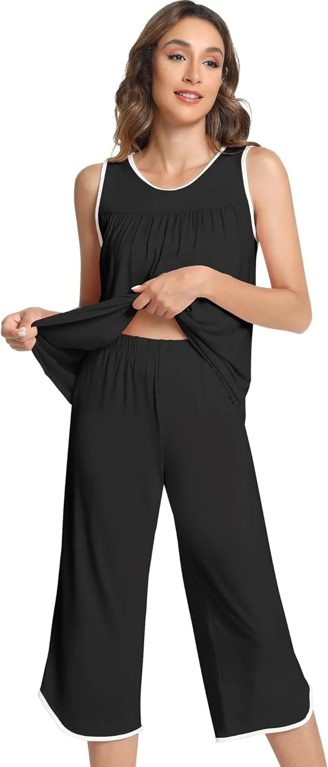 NACHILA Women's Pajamas-Viscose Made from Bamboo, Tank Top Capri Pants Pajama Set Soft Sleeveless Sleepwear Cool Pjs Sets