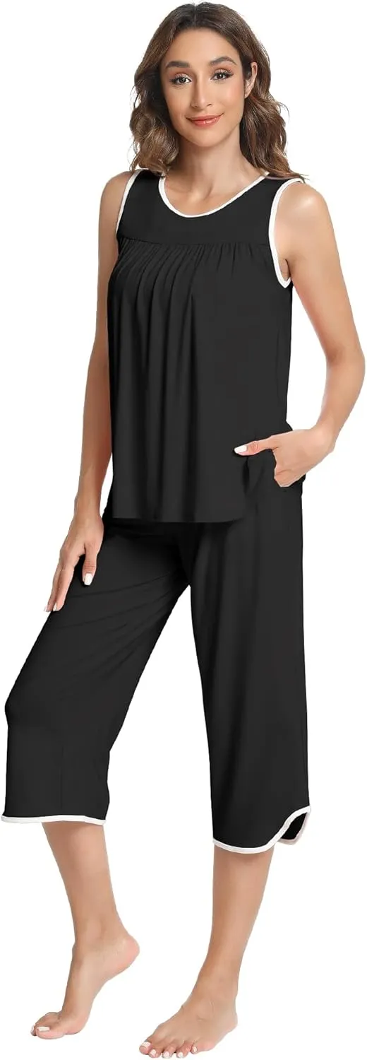 NACHILA Women's Pajamas-Viscose Made from Bamboo, Tank Top Capri Pants Pajama Set Soft Sleeveless Sleepwear Cool Pjs Sets