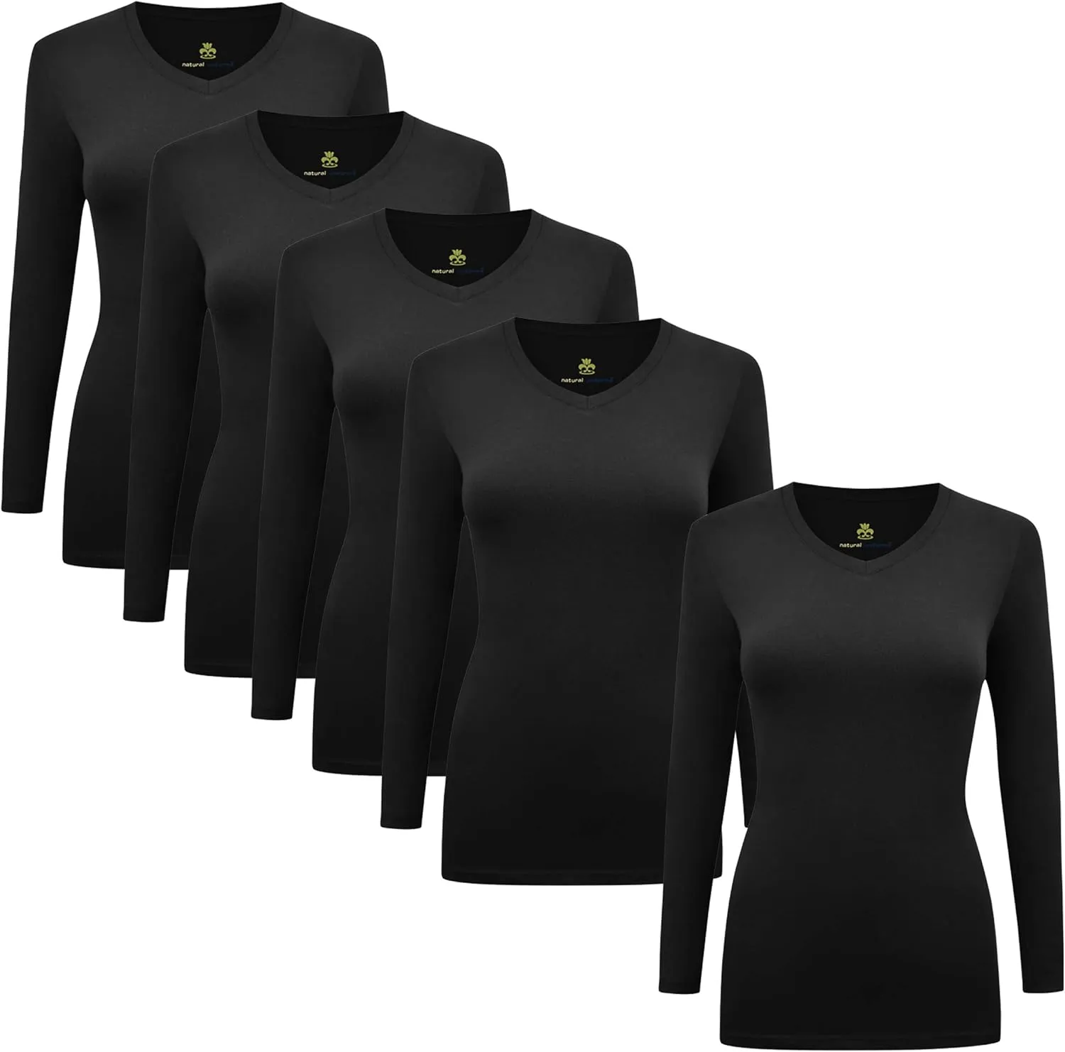 Natural Uniforms Women's V-Neck Long Sleeve Under Scrub Stretch T-Shirt - Multi Pack of 5