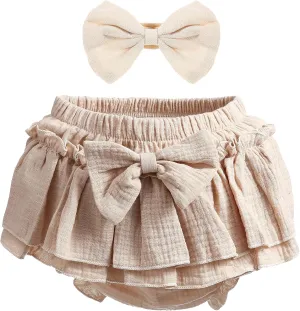 Newborn Baby Girl Cotton Skirts with Built-in Shorts Toddlers Ruffle Diaper Covers Infant Skorts with Bows Headband Set