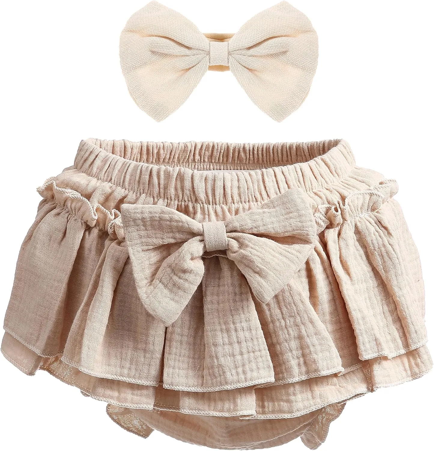 Newborn Baby Girl Cotton Skirts with Built-in Shorts Toddlers Ruffle Diaper Covers Infant Skorts with Bows Headband Set
