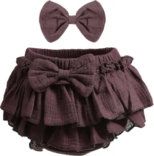 Newborn Baby Girl Cotton Skirts with Built-in Shorts Toddlers Ruffle Diaper Covers Infant Skorts with Bows Headband Set
