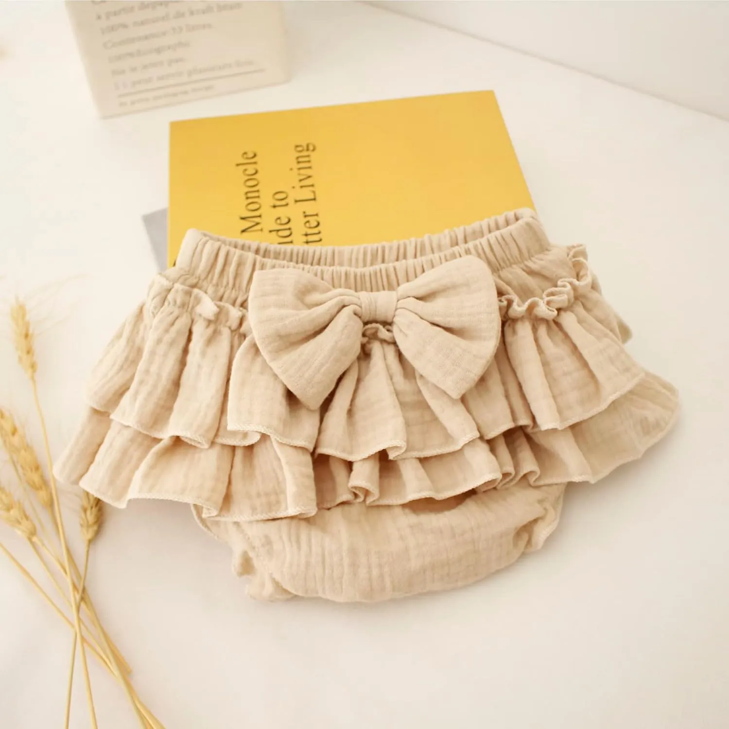 Newborn Baby Girl Cotton Skirts with Built-in Shorts Toddlers Ruffle Diaper Covers Infant Skorts with Bows Headband Set