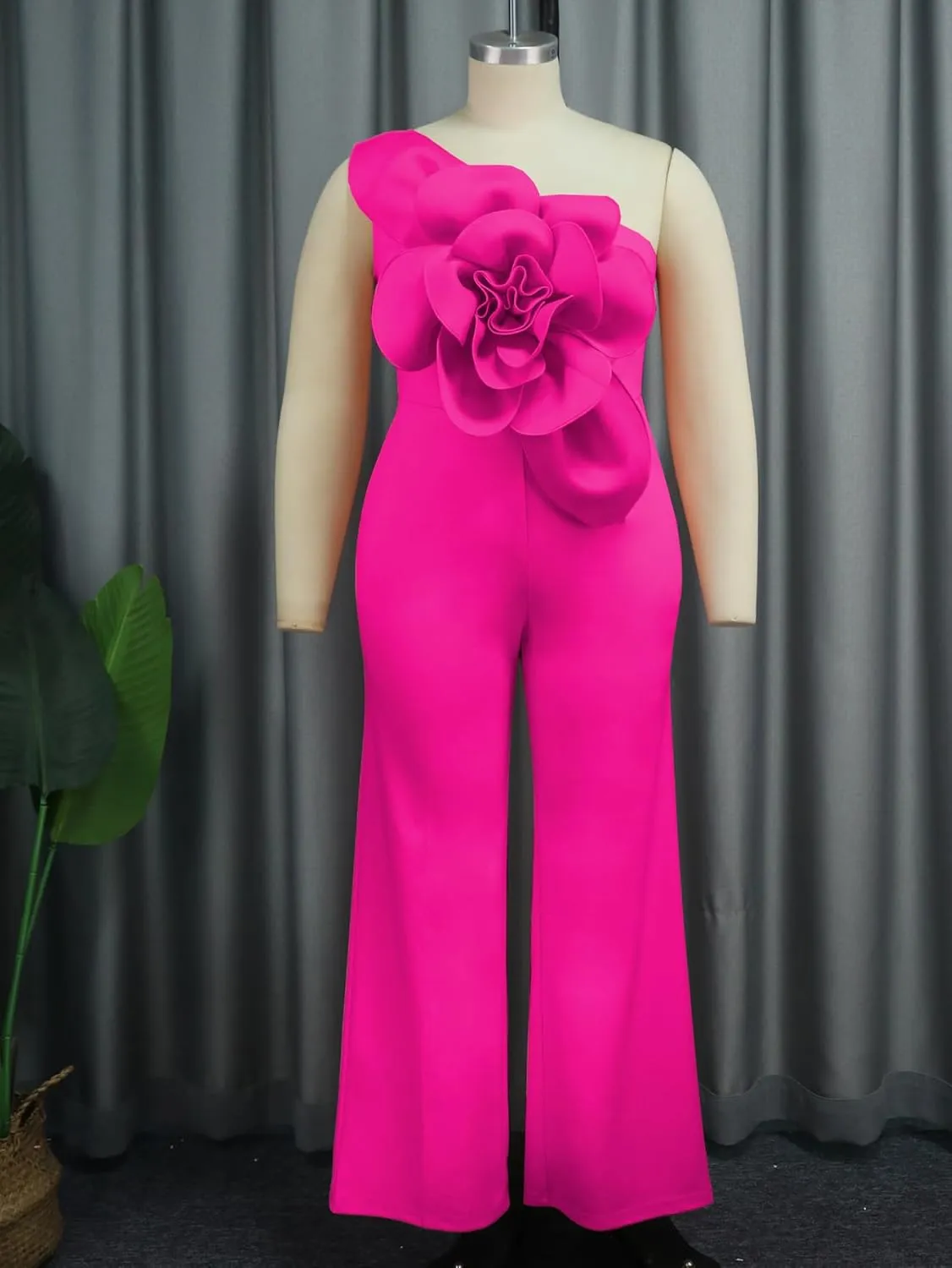 ONTINVA Pink Jumpsuits for Women One Shoulder Jumpers Summer Rompers Sleeveless Loose Palazzo Wide Leg Overalls