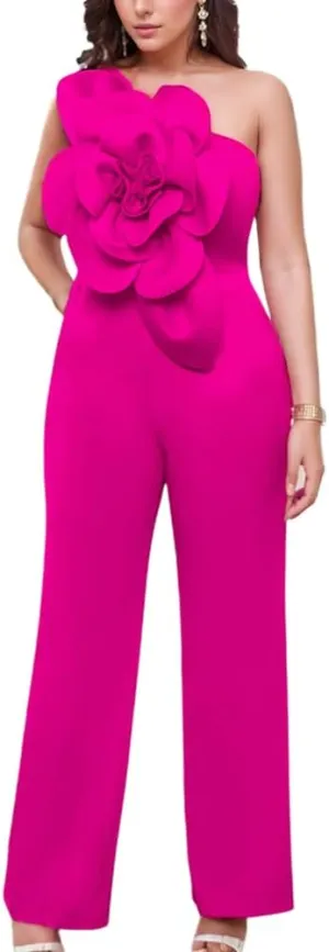 ONTINVA Pink Jumpsuits for Women One Shoulder Jumpers Summer Rompers Sleeveless Loose Palazzo Wide Leg Overalls