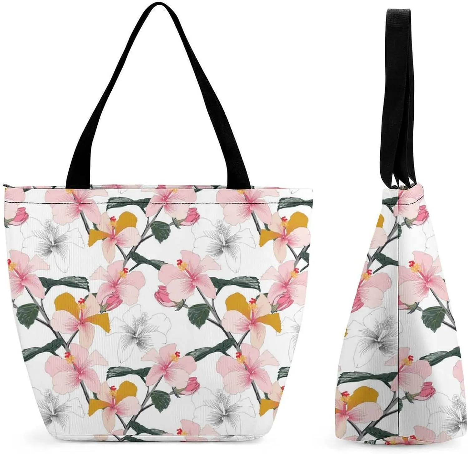Pink Rose Orchid Lily Flowers Hobo Handbags With Zipper Women's Tote Handbags