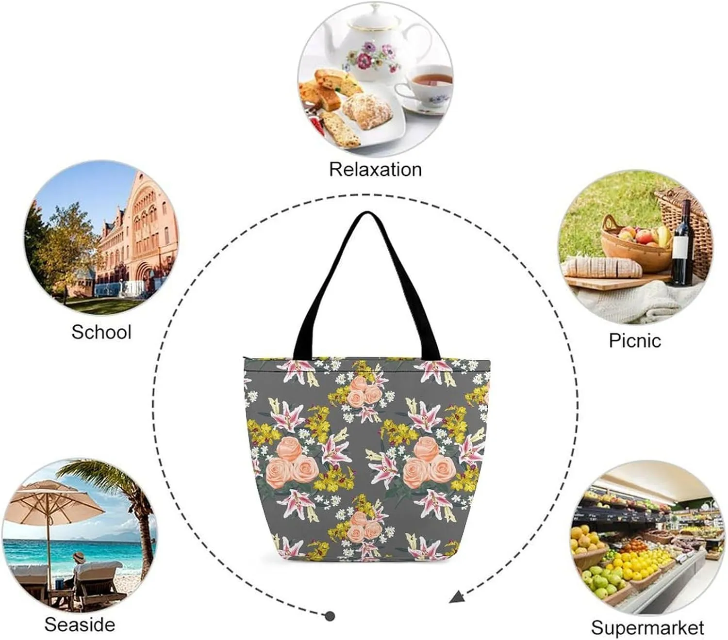 Pink Rose Orchid Lily Flowers Hobo Handbags With Zipper Women's Tote Handbags