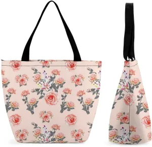 Pink Rose Orchid Lily Flowers Hobo Handbags With Zipper Women's Tote Handbags