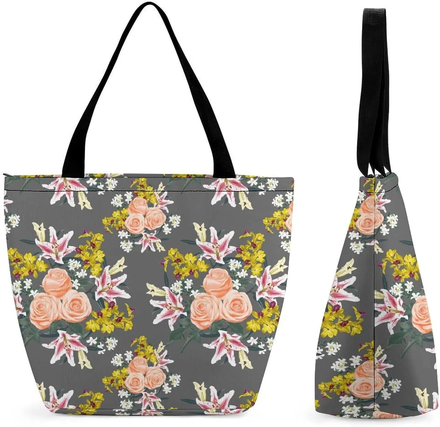Pink Rose Orchid Lily Flowers Hobo Handbags With Zipper Women's Tote Handbags