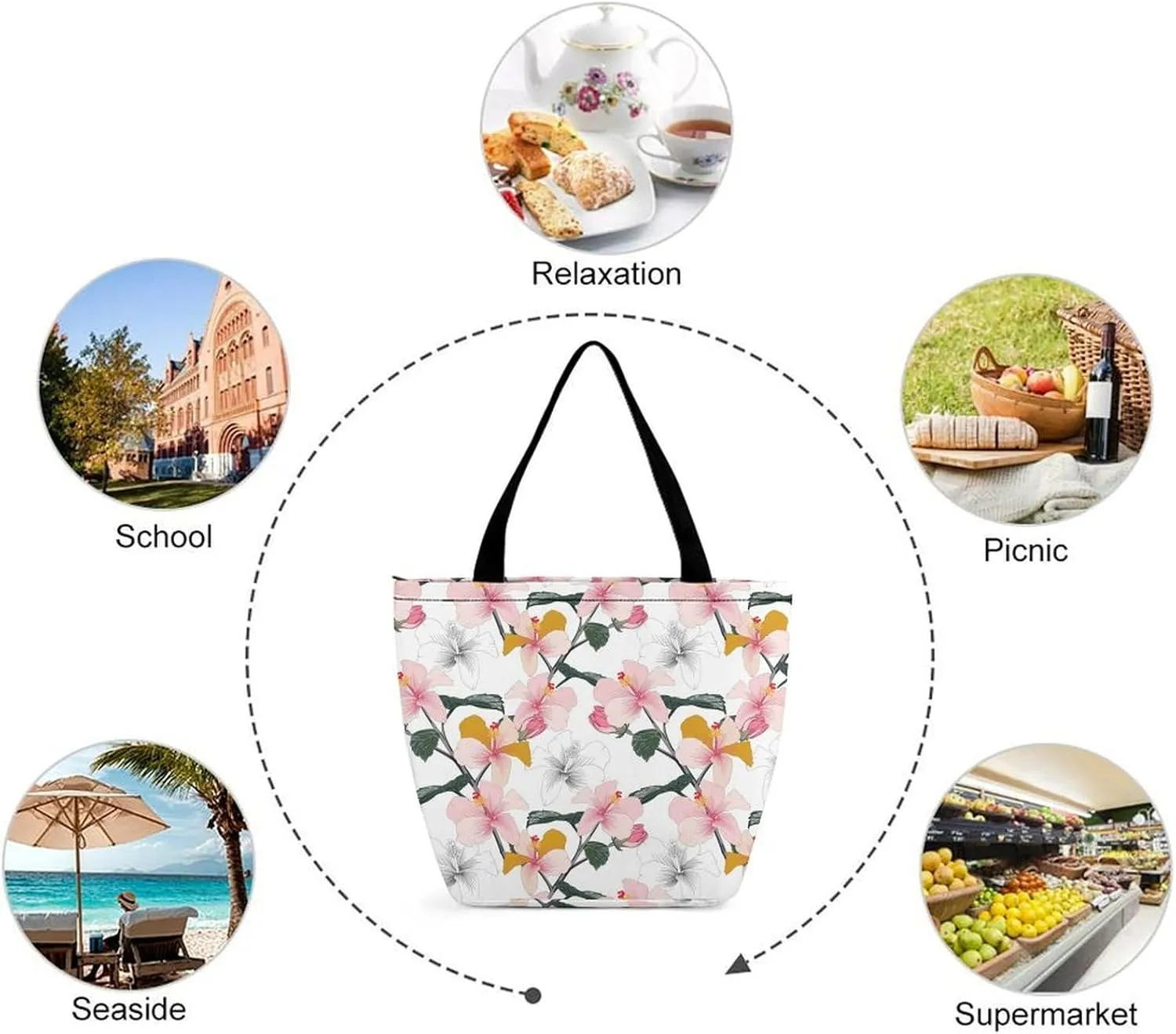 Pink Rose Orchid Lily Flowers Hobo Handbags With Zipper Women's Tote Handbags