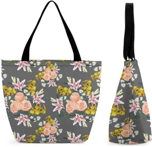 Pink Rose Orchid Lily Flowers Hobo Handbags With Zipper Women's Tote Handbags