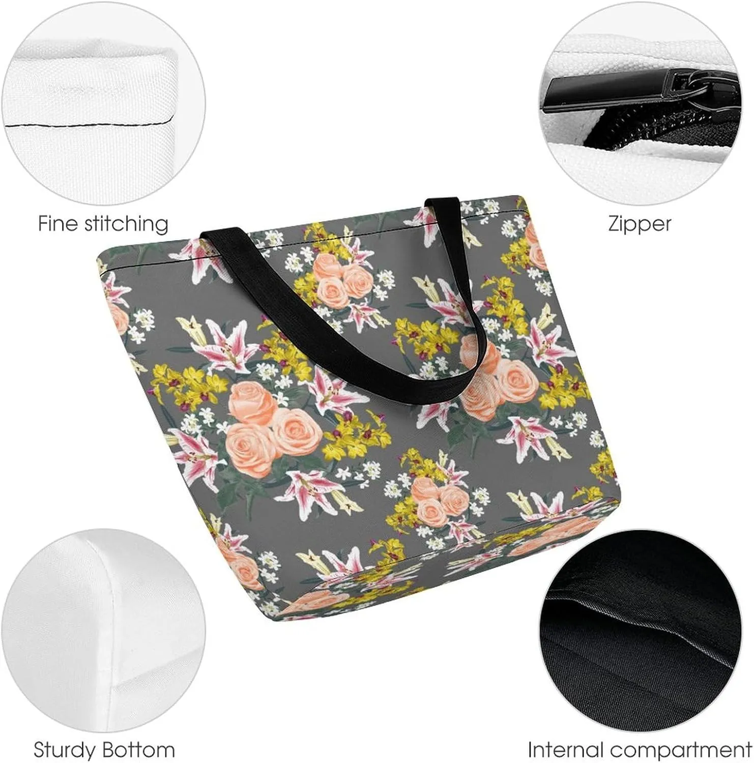 Pink Rose Orchid Lily Flowers Hobo Handbags With Zipper Women's Tote Handbags