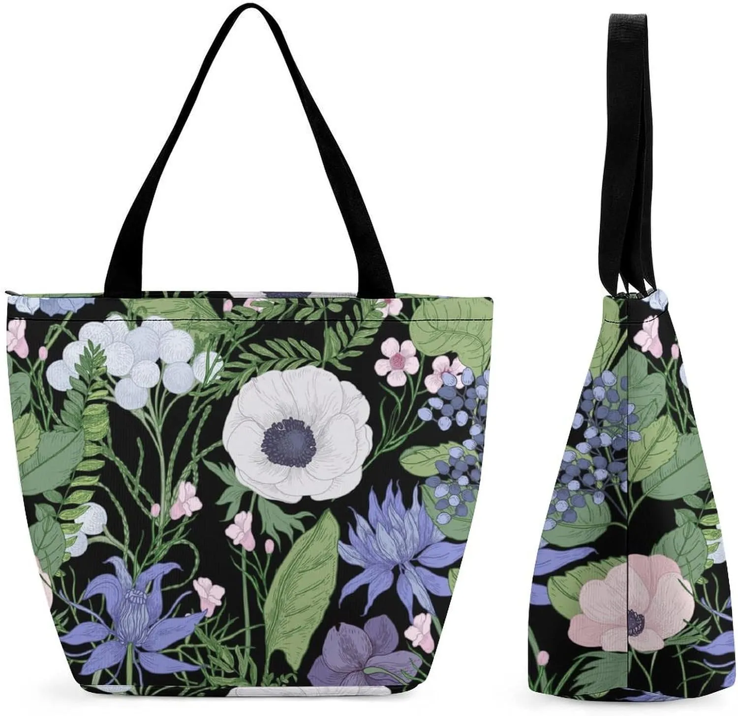 Pink Wild Flowers Print Hobo Handbags With Zipper Women's Tote Handbags