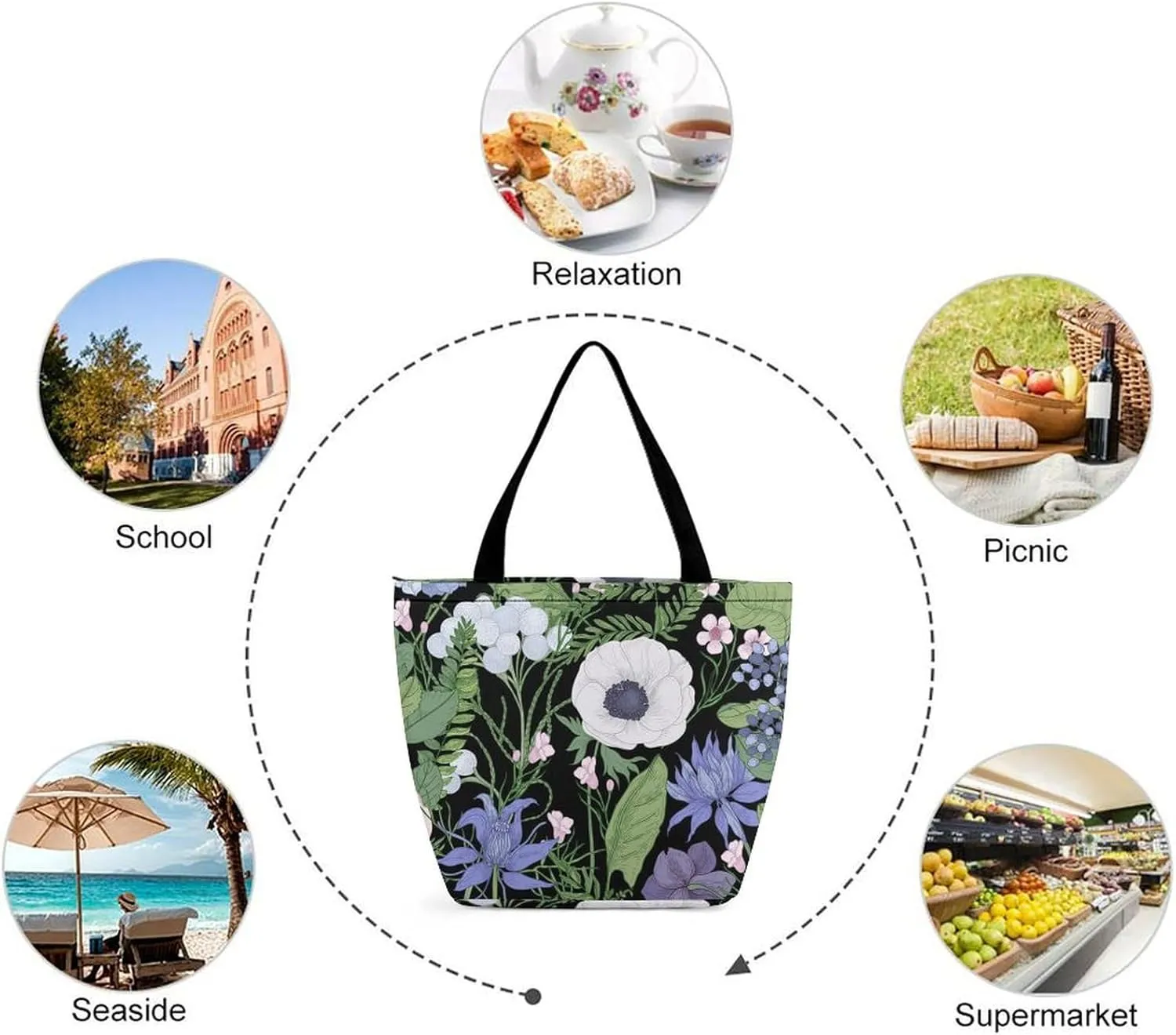 Pink Wild Flowers Print Hobo Handbags With Zipper Women's Tote Handbags