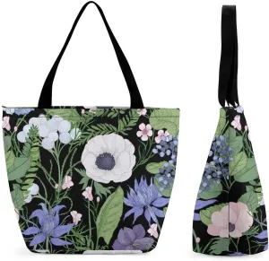 Pink Wild Flowers Print Hobo Handbags With Zipper Women's Tote Handbags